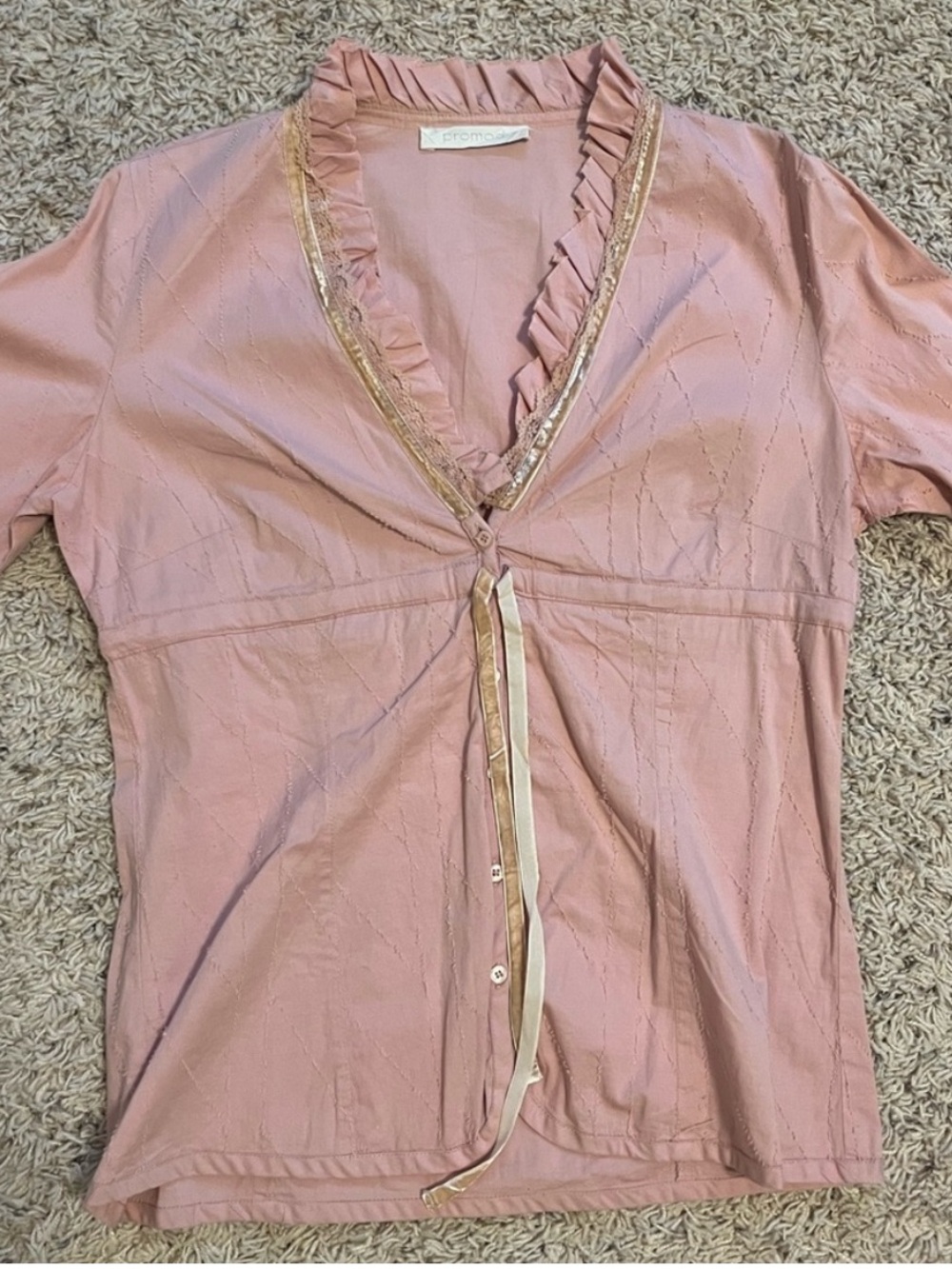 Promod Pink Ruffled V-Neck Blouse with Gold Trim
